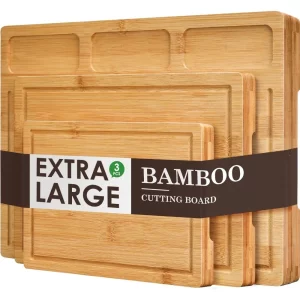 Bamboo Cutting Board (Set of 3) with 3 Built-in Compartments and Juice Slot Heavy Duty Tray